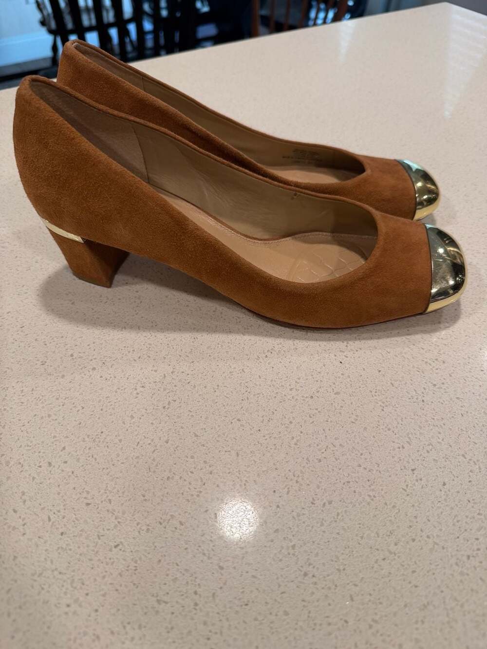 Antonio Melani Women’s Size 9 Cognac Brown Suede Pumps Gold Cap Toe Block Heel